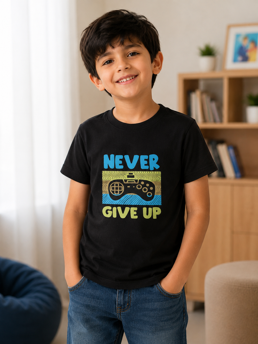 New York Never Give Up Premium Kids Cotton T-Shirt | Gamer Graphic Tee | Soft Breathable Half Sleeves | Reinforced Shoulder Stitching