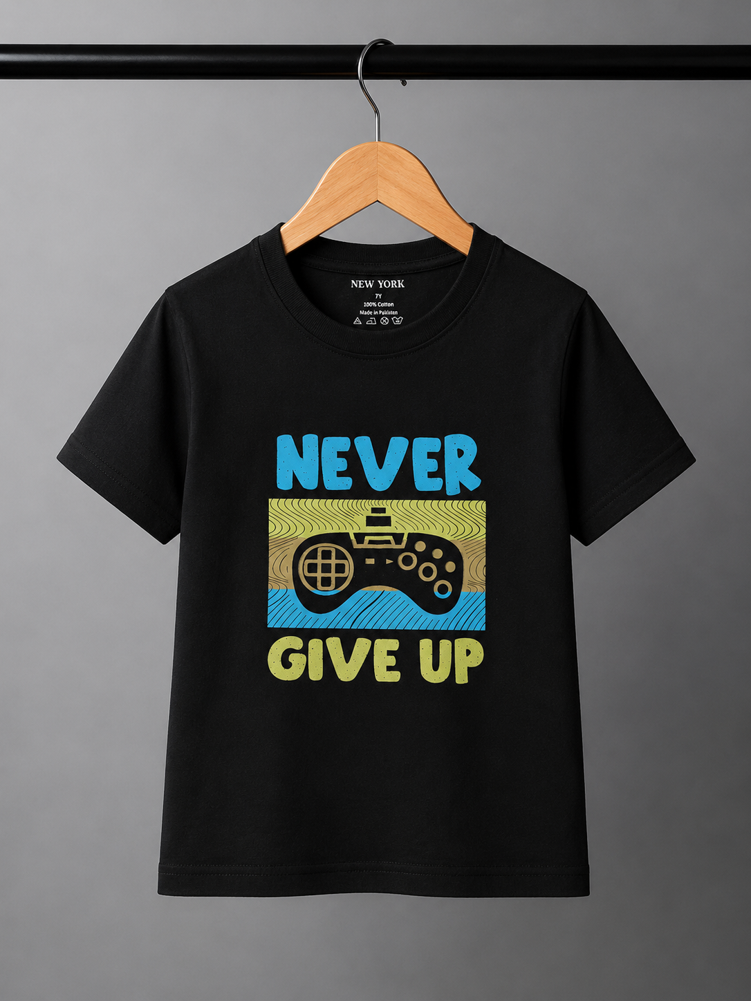 New York Never Give Up Premium Kids Cotton T-Shirt | Gamer Graphic Tee | Soft Breathable Half Sleeves | Reinforced Shoulder Stitching