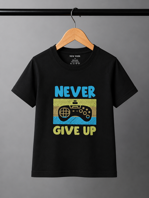 New York Never Give Up Premium Kids Cotton T-Shirt | Gamer Graphic Tee | Soft Breathable Half Sleeves | Reinforced Shoulder Stitching