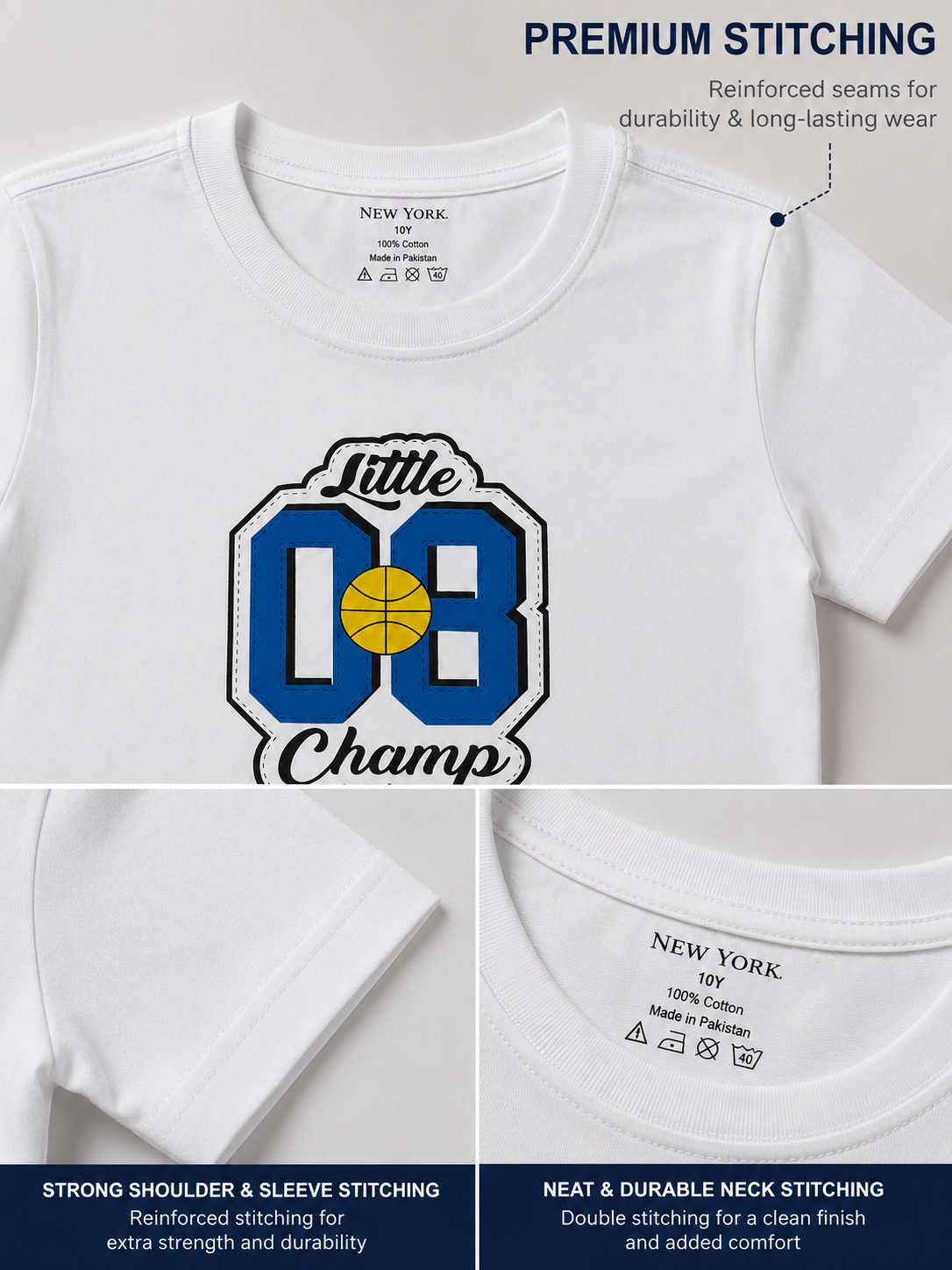 New York Little 08 Champ Premium Cotton Kids T-Shirt, Soft, Comfortable & Durable